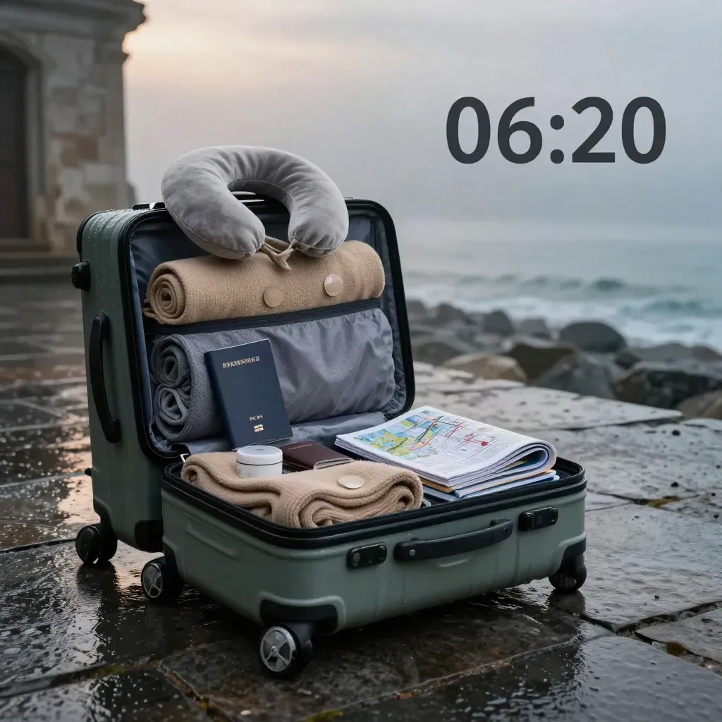 Open carry-on packed for travel on rain-slick stone at dawn, with passport cover, guidebook, and toiletries.