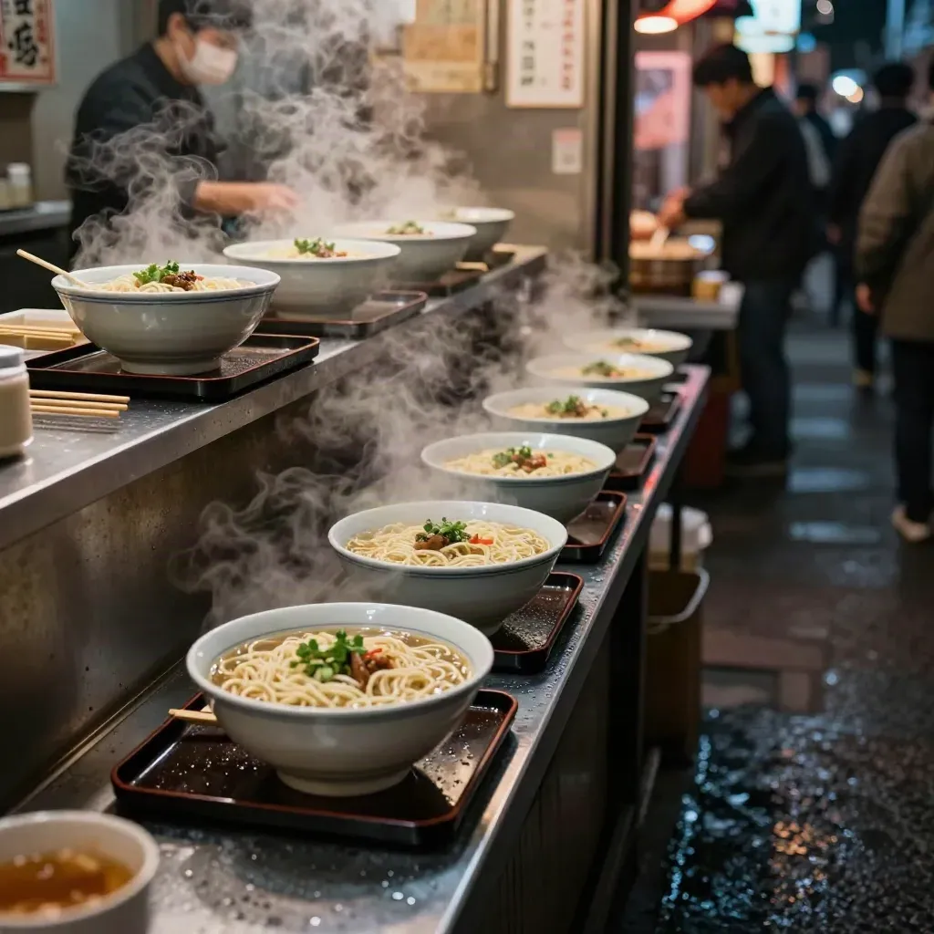 Steaming Tokyo noodle bowls and skewers at a late-night alley stall