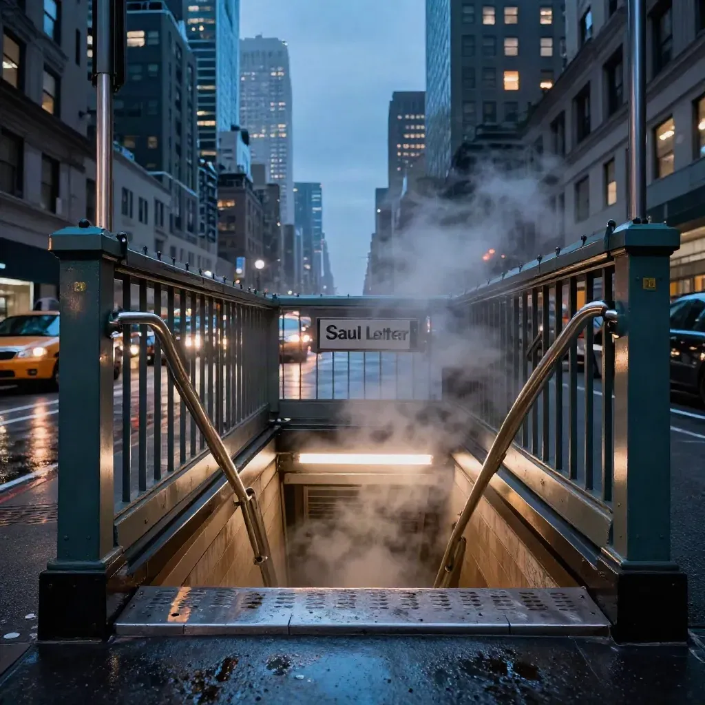 Blue hour at a New York subway entrance with steam, taxi reflections, and apartment windows overhead.