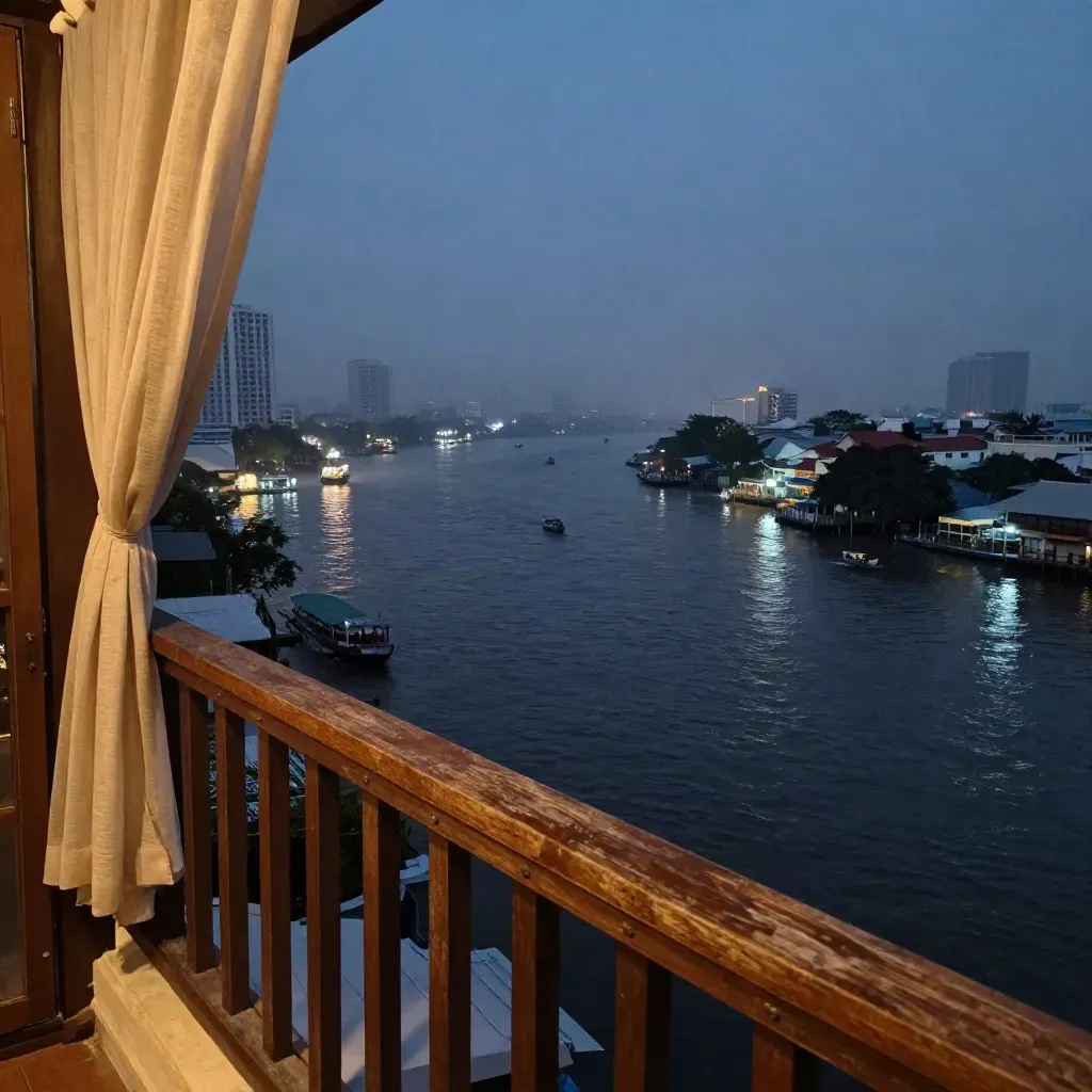 Bangkok river hotel balcony at dusk with boat lights and hazy high-rises.