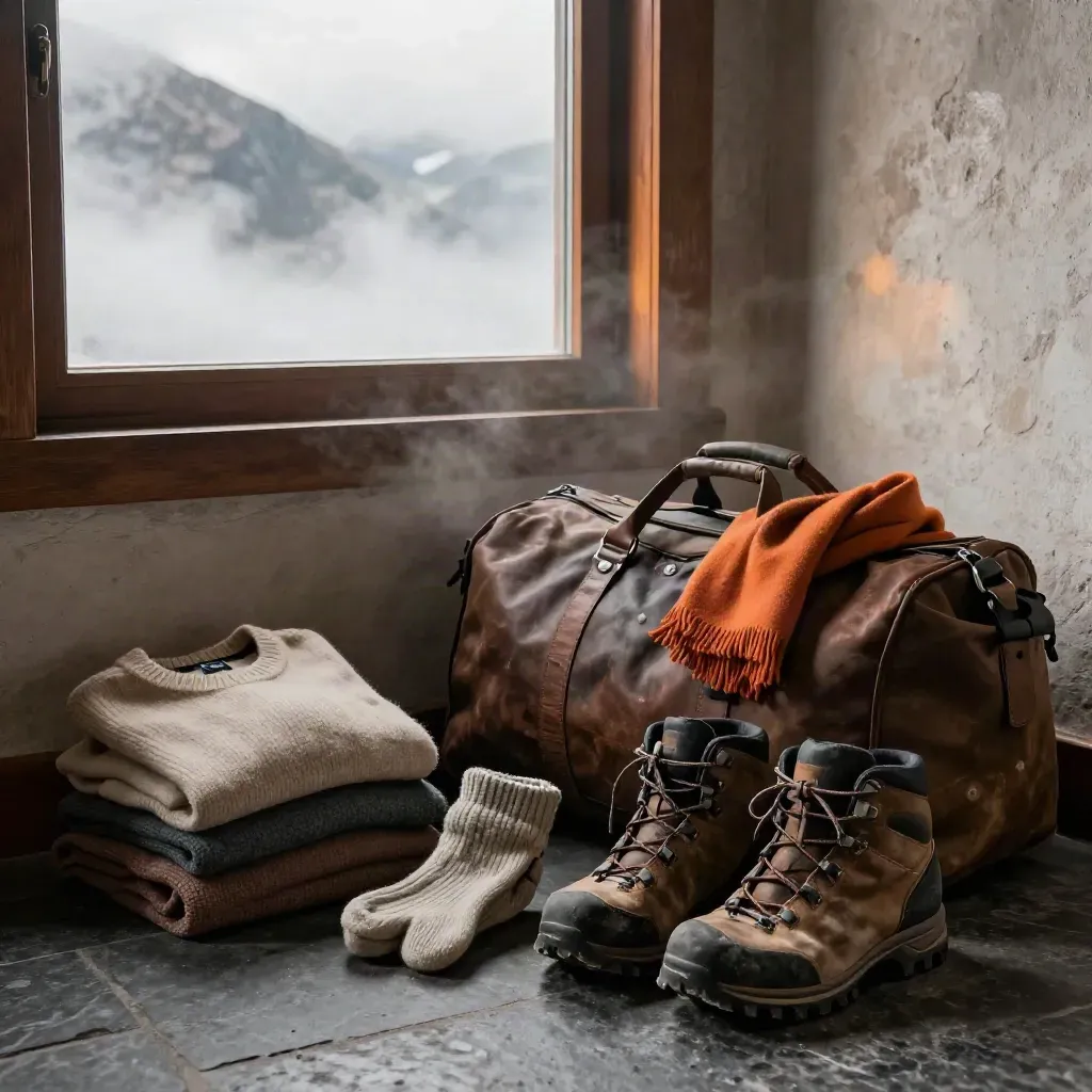 Andes lodge gear laid out for an early ascent: boots, wool layers, duffel, and misted window light.
