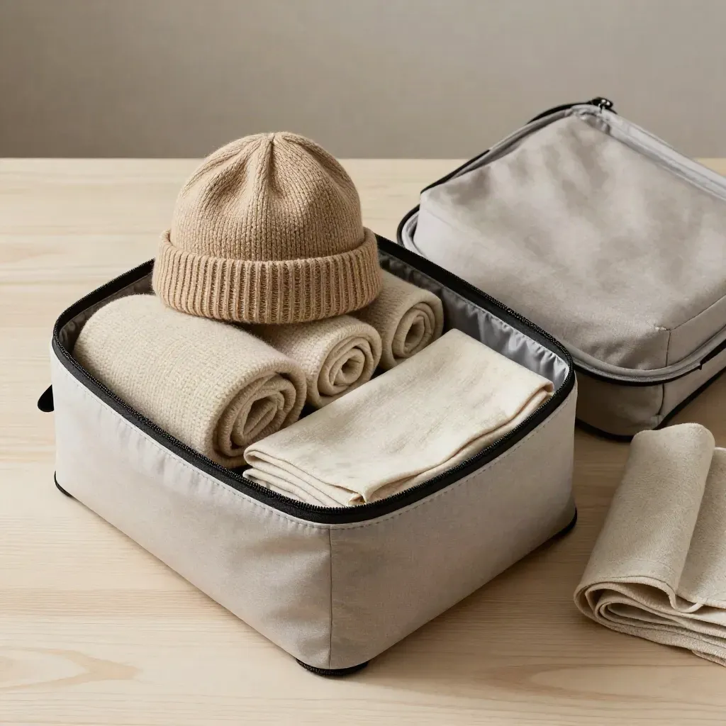 Open packing cube of rolled merino layers, beanie and folded cloth on pale wood, overhead square still life.